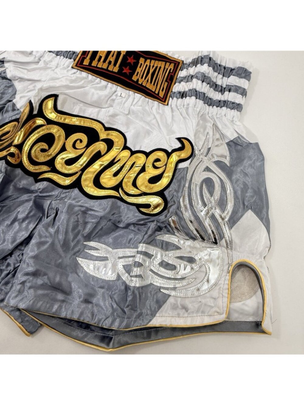Muay Thai Boxing Shorts Men Women Size L Fonts Gray Gold Satin Patch Kickboxing - Picture 7 of 12
